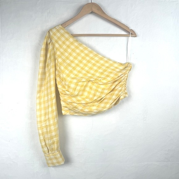 NWT Zara Yellow Gingham One Shoulder Ruched Crop Top L - Picture 2 of 7